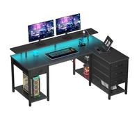 Seventable Bureau Gaming en L 140 cm avec LED RGB, Ports USB et Prise, tiroirs modulables et Support écran - Bureau Informatique Moderne avec rangements, Noir