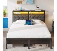 Seventable Lit Double 140 x 200 cm avec Sommier Métal, Tête de Lit Capitonnée avec Rangement, Éclairage LED, Ports USB & Type-C, Cadre de Lit Facile à Assembler (Gris Foncé)