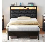 Seventable Lit Simple 90 x 200 cm avec Sommier Métal, Tête de Lit Capitonnée en Cuir PU avec Rangement, Éclairage LED, Ports USB & Type-C, Cadre de Lit Facile à Assembler (Noir)