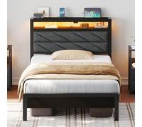 Seventable Lit Simple 90x200 avec Sommier Métal, Tête de Lit Capitonnée avec Rangement, Éclairage LED, Ports USB & Type-C, Cadre de Lit Facile à Assembler