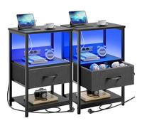 Seventable Table de Chevet avec Lumières LED et Prise, Table de Nuit avec Tiroir en Tissu, Ports USB intégrés, Structure Métallique Robuste, pour Chambre et Salon (Lot de 2, Noir)