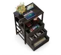 Seventable Table de côté à trois tiroirs en tissu, éclairage et prise électrique - noir mat