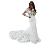 SEVENYXX Robe de Mariée Mermaid Manches Longues Civil Wedding Dress Robe de Mariée en Tulle, Blanc, 40