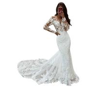 SEVENYXX Robe de Mariée Mermaid Manches Longues Civil Wedding Dress Robe de Mariée en Tulle, Ivoire, 38