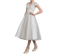 SEVENYXX Vintage Satin Robe de Mariée Femmes Dentelle Civile Robe de Mariée Longueur Mollet, Blanc, 48