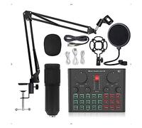 SEVEQIS Kit Podcast, BM800 Microphone Professionnel Condensateur sans Fil MIC Carte Son avec Anneau De Remplissage Lumière Support Cantilever Diffusion en Direct(Black BM800 D6)