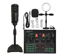 SEVEQIS Kit Podcast, Ensemble de Microphones à condensateur Studio Professionnel WXH1000 Kit de Micro avec Carte Son en Direct karaoké sans Fil(Black K16 LED)