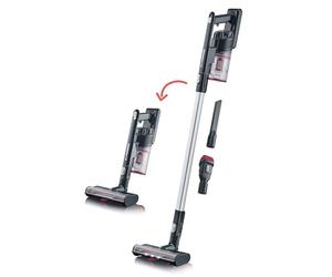 SEVERIN Aspirateur balai multifonction sans sac, Aspirateur sans fil 40 min d’autonomie avec brosse rotative, Aspirateur puissant avec éclairage LED et station de charge, Noir/Rouge, HV 7154