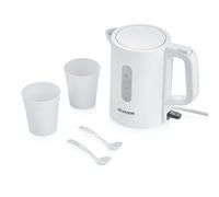 SEVERIN bouilloire de voyage sans BPA 1 100 W, Petite bouilloire d’une capacité de 0,5 L, Bouilloire électrique livrée avec 2 tasses et 2 cuillères, Blanc, WK 3462
