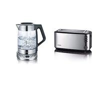 SEVERIN Bouilloire Eau et Thé, 1,7L, 3 000W, Filtre à thé, Température et Temps D'infusion Personnalisables & Grille-Pain Automatique, 2 Fentes Longues, Jusqu'à 4 Tranches, 1 400 W, AT 2509, Inox/Noir