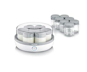 SEVERIN Yaourtière pratique et compacte, Machine à yaourt maison 13 W, Yaourtière électrique et 14 pots de yaourt en verre de 150 ml avec couvercle, garanti sans BPA, Blanc/Gris, JG 3520