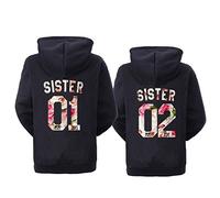 Sevpuikl Best Friends Sweatshirt pour Femme Sweat à Capuche pour Sister Imprimé Sister 01 Sister 02 Sweatshirt à Capuche Manches Longues Noir 1 Pièce(Fleur-Noir-01,M)