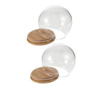 SEWACC 2pcs Cloche Verre Transparent avec Socle Bois pour Décoration Maison et Bureau, Dôme Ronde Élégante Compatible DIY, Présentation à 360 Degrés pour Petites Plantes et Boules