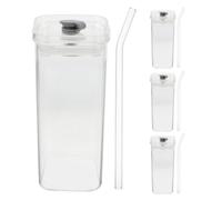 SEWACC 4 Pièces Gobelet en Verre Transparent Carré 350ml avec Couvercle et Paille, Facile à Transporter, pour Boissons Froides et Chaudes au Bureau Extérieur
