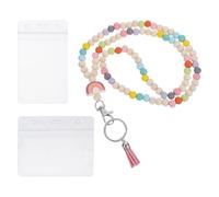 SEWACC Lanière Porte-badge Bois avec Perles, Cordon Porte-clés à Dégagement Rapide, Ensemble 3 Pièces avec Porte-carte Vertical et Horizontal, Accessoire Bureau Enseignant et Infirmière,