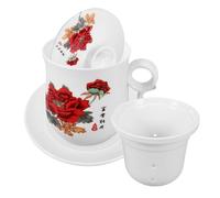 SEWACC Tasse à Thé en Céramique avec Infuseur Intégré Couvercle et Soucoupe Grand Format Motif Grand Pivoine Rouge Mug pour Infusion Maison et Bureau Mug Thé Portable