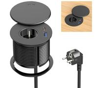 Sewingvr Prise encastrable réglementaire avec USB-C PD 20W et USB-A, Multiprise encastrable avec Couvercle, Câble 2 m, Ø80 mm,Noire