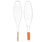 SEWOART 2 Pièces Panier à Griller en Fer avec Manche Bois Réutilisable | Usage Extérieur et Feu de Camp, Convient aux Poissons Entiers et Pains Épais, Prise Sûre