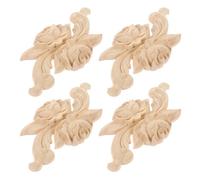 SEWOART Appliques en Bois Sculpté 12x5 Cm, Lot de 4 Panneaux Décoratifs pour Meuble, Incrustation de Fleur Rose Non Peinte, Décoration Intérieure Naturelle et Élégante