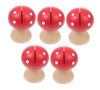 Sewroro 5 Pièces Lot de Porte Cartes Bois Forme Champignon Rouge Clips Photo Multifonctions pour Décoration Bureau et Mémos Support Photo sans Perforation Accessoire Original Fête des