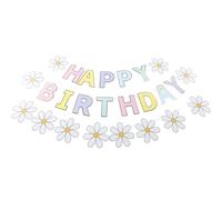 Sewroro Bannière D’anniversaire Joyeux Anniversaire en Papier Résistant, Lot de 8 Set de Pièces Fleurs Marguerites et Petites Fleurs Macaron, Décoration de Fond Festive pour Fête