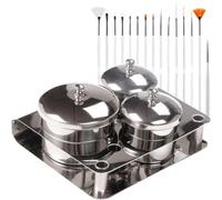 Sewroro Ensemble 18 Pièces pour Nail Art 3 Pots en Acier Inoxydable Couvercles, 15 Pinceaux de Manucure, Tasses à Mélanger Poudre Solide, pour Salon et Usage Professionnel