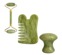 Sewroro Ensemble de Massage Visage et Corps 3 Pièces en Jade Vert Naturel Peigne de Jade, Masseur Corporel Multifonction et Pierre Champignon pour Relaxation Musculaire et Soin Capillaire