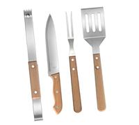 Sewroro Ensemble d'Outils pour Barbecue 4 Pièces en Acier Inoxydable avec Manche en Bois de Hêtre Comprenant Spatule Fourchette Pince et Couteau Accessoires pour Barbecue Portable et