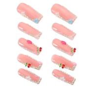 Sewroro Lot de 10 Faux Ongles à Pression M Motifs Cerises 3d et Strass Décoratifs, Couverture Complète, Accessoires Nail Art pour Manucure à Domicile et Fêtes, Ornements Ongles