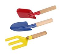 Sewroro Lot de 3 Outils de Jardinage à Main en Métal Poignées en Bois, Comprenant Truelle de Jardin Bleue, Pelle Rouge et Fourchette 3 Dents, pour Plantation, Bêchage et Entretien