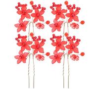 Sewroro Lot de 4 Épingles à Cheveux Rouges Mates Perles Fourchettes à Fleurs en Métal et Acrylique Accessoires pour Chignons Adaptées Mariage Soirée et Usage Quotidien