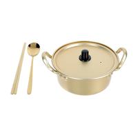 Sewroro Marmite à Nouilles Coréenne en Aluminium Jaune 16 CM Poignées Doubles et Accessoires Cuillère et Baguettes Ustensile la Cuisine Pratique pour Cuisson Gaz Feux Charbon Set Petit