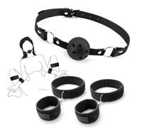 Sex Bondage Wrist & Thigh Cuffs with Ball Gag BDSM Restraints Set, Sex Toys for Women with Adjustable Leg Straps Handcuffs for Couple Beginner SM Game Play (Black)