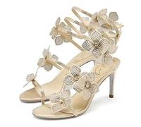Sexy Crystal Flower Thin High Heels Women Sandals Street Style Narrow Band Ankle Strap Pole Dancing Ladies Shoes(Wine Red,42)