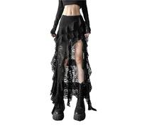 Sexy High Waist Lace Ruffles Skirts Women Spring Irregular Fashion Black Patchwork Party Gothic(Black,S)