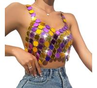 Sexy Nightclub Acrylique Paillettes Paillettes Body Chain pour Femmes Dos Nu Top Body Chain pour Party Rave Outfit Bikini scintillant Body Bijoux-Or||Taille Unique (Couleur Matching One Size)