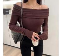 Sexy Off-Shoulder Long Sleeve T-Shirt Women Pure Color(Coffee L)