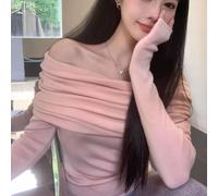 Sexy Off-Shoulder Long Sleeve T-Shirt Women Pure Color(Pink L)