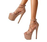 Sexy Super Talons Hauts Plate-forme Pole Danse Décapants Mode Open Toe Boucle Sangle Sandales Été Fermeture À Glissière Femmes Pompes, Abricot, 35 EU