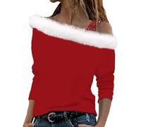 Sexy Tee Shirt Femme Manche Longue Pull De Noel Femme Sweat Femme sans Capuche Impression de l'arbre de Noël Sexy Strapless Blouse Femme