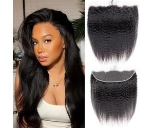 Sexycat Cheveux humains raides Yaki avec dentelle frontale 33 x 10 cm, densité 150 %, naissance des cheveux naturels d'une oreille à l'autre avec des cheveux de bébé, couleur naturelle