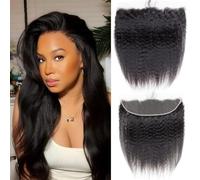 Sexycat Cheveux humains raides Yaki avec dentelle frontale de 33 x 10 cm, densité de 150 %, ligne de cheveux naturelle d'une oreille à l'autre avec des cheveux de bébé, couleur naturelle
