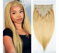 Sexycat Lot de 8 extensions de cheveux humains lisses à clipser - 50,8 cm - 120 g - #27 Blond miel - Double trame pour femme