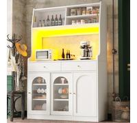 Seyakany Buffet avec étagères réglables, 120x40x180cm, Meuble de Cuisine avec 2 tiroirs et Portes coulissantes, Meuble Haut avec éclairage LED, Couleur de lumière Variable, Vitrine, Blanc