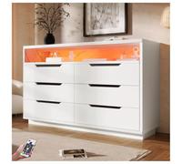 Seyakany Buffet, Commode avec éclairage LED et 6 tiroirs, Compartiment de Rangement avec Grain de marbre, Meuble Moderne pour Salon et Chambre, 120x40x85cm, Blanc