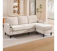 Seyakany canapé d'angle Convertible avec Ports USB et Type-C,rembourré canapé 3 Places avec Deux Porte-gobelets,Canapé en L 4 Places,Issu Lin,pour Salon/l'appartement,200.6 * 139.7 * 82.5cm,Beige