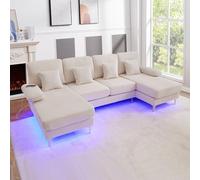 Seyakany Canapé d'angle en U avec LED et Port USB-C, Canapé modulable Ergonomique 4 Places Haut de Gamme,Canapé en Forme de U avec 4 Coussins,canapé sectionnel,Structure en Bois Massif,Velours,Beige