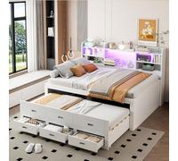 Seyakany Canapé lit 2 Places Convertible 140 x 200 cm avec USB + Type-C,canapé Convertible lit méridienne avec télécommande LED et 3 tiroirs,Table de Chevet,gigogne,sans Matelas,Blanc