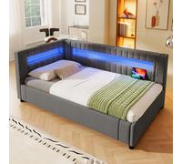 Seyakany Canape lit 2 Places Convertible 90 x 200 avec USB + Type-C,Lit capitonné 90 x 200 cm avec Bandeau Lumineux LED,sommier hydraulique,sans Matelas,Lin,Gris