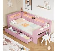 Seyakany Canapé-lit 90x200cm avec Port USB et Bande LED,lit rembourré avec Bureau et 2 tiroirs,Lit de Jour avec sommier à lattese,Cadre de lit Simple 90x200,Lin,sans Matelas(Rose,90x200cm)